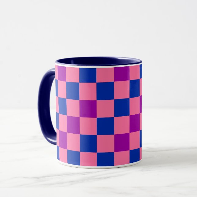 Blå Rosa Lila Rutig Mönsterdesign  Mugg (Framsida vänster)