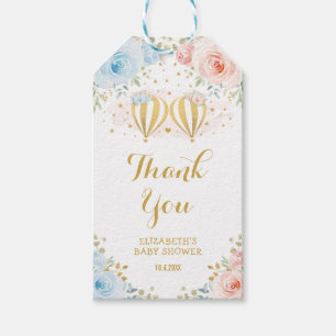 Blå Rosa Luftballong Blommigt  Twin Baby Shower Presentetikett
