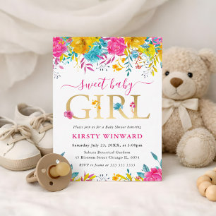 Blå, Rosa och Gula Sommarblommor Baby Shower Inbjudningar