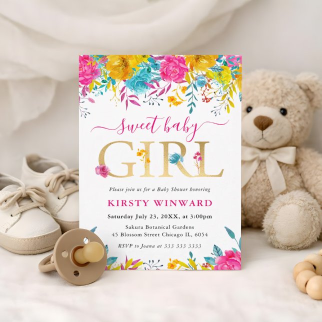 Blå, Rosa och Gula Sommarblommor Baby Shower Inbjudningar (Skapare uppladdad)