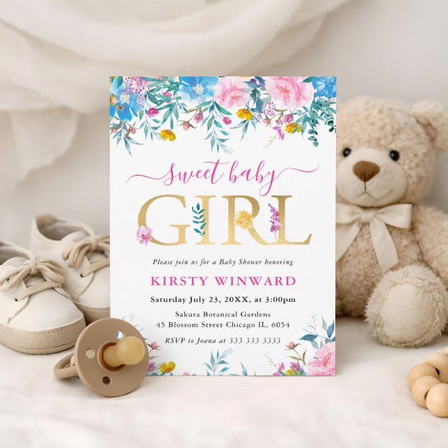 Blå, Rosa och Gula Sommarblommor Baby Shower Inbjudningar (Skapare uppladdad)