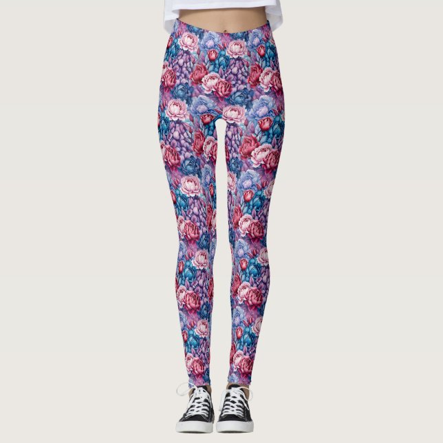 Blå Rosa och Lila Blomsterarrangemang Leggings (Framsida)
