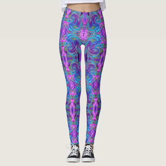 Blå, Rosa och Lila Groovy Abstrakt Retrokonst Leggings (Framsida)