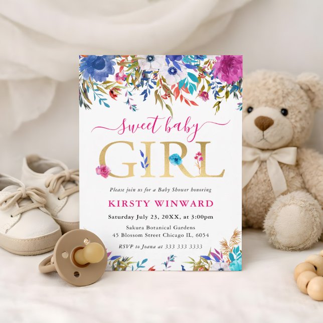 Blå, Rosa och Vita Sommarblommor Baby Shower Inbjudningar (Skapare uppladdad)