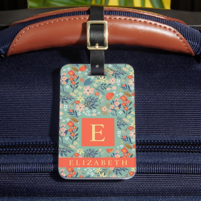 Blå Rosa Orange-blommor för anpassad Blommigt av G Bagagebricka (Framsida Insitu 2)