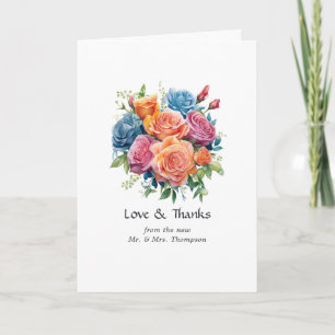 Blå, rosa, orange och grön blomsterbröllop tack kort
