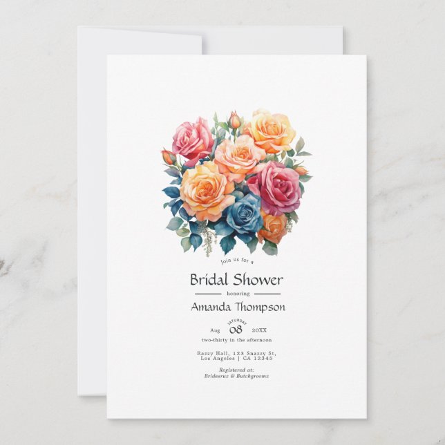 Blå, rosa, orange och grön blomsterbröllopsfest inbjudningar (Framsida)