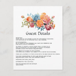 Blå, rosa, orange och gröna blommiga gästinformati tilläggskort
