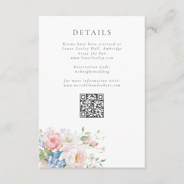 Blå & Rosa Pastell Blommig QR Bröllopsinformation Tilläggskort (Framsida)