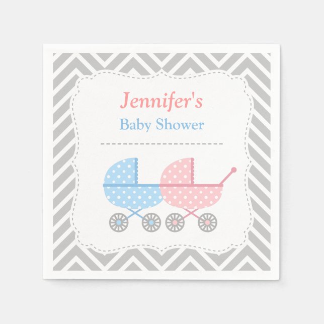 Blå Rosa Promenadvagnar Tvillingar Baby Shower Til Pappersservett (Framsidan)