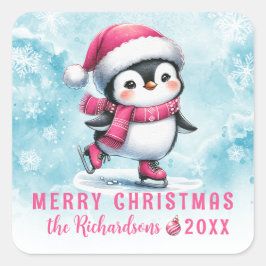 Blå Rosa Roligt Penguin Ice Skater God jul Fyrkantigt Klistermärke