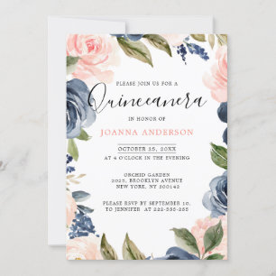 Blå Rosa ros Quinceanera Inbjudningar
