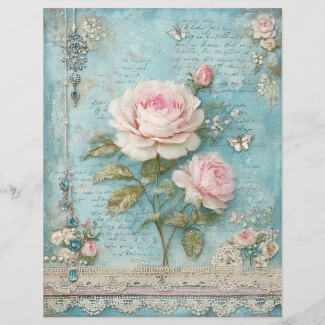 Blå Rosa Rosor Skrot Journal Scrapbook Papper (Framsida)