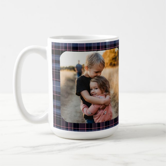 Blå Rosa Rutig 1-Foto Anpassad Julpresent Skrift Kaffemugg (Vänster)