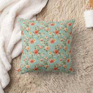 Blå Rosa Shabby Chic Vintage Akvarell Blommig Kudde