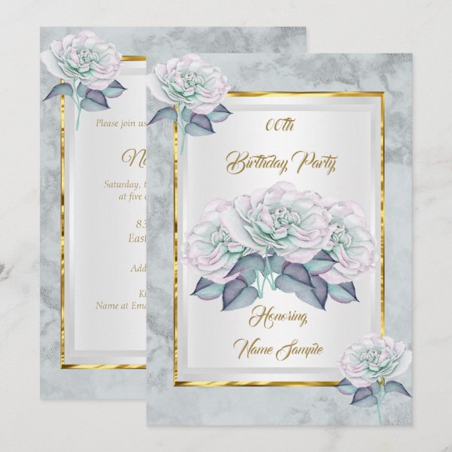 Blå Rosa Silver Rosa Guld Födelsedagsfest Inbjudan (Fram/baksida)