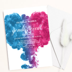 Blå Rosa Smoke Heart Baby Gender Reveal Inbjudningar