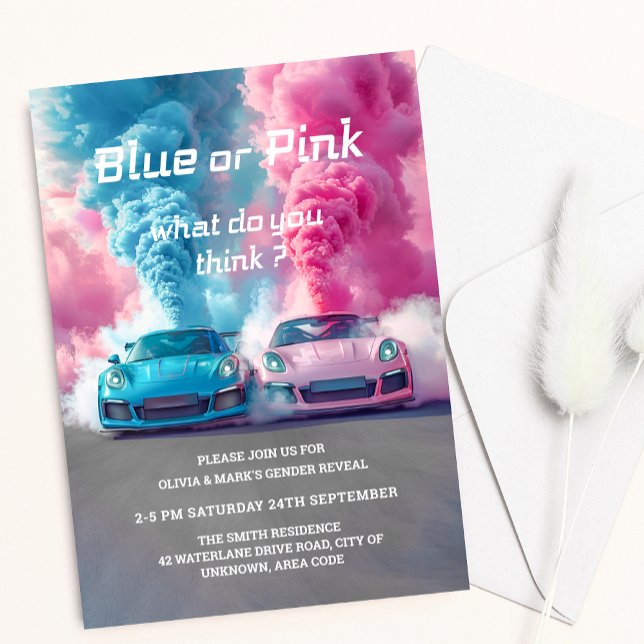 Blå Rosa Smoke Tävling Car Burnouts Gender Reveal Inbjudningar (Skapare uppladdad)