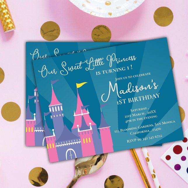 Blå Rosa Söt Prinsessa Födelsedagsfest Inbjudan (Blue Pink Sweet Princess Birthday Party Invitation Postcard)