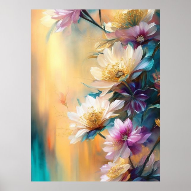 Blå Rosa Teal Cream Flowers Facklig Blommigt Poster (Framsidan)