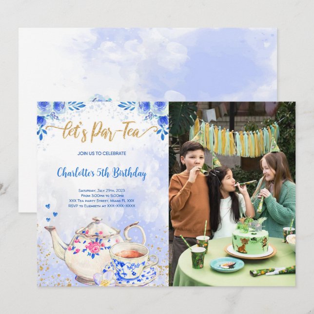 Blå & Rosa Tekalas Födelsedagsfoto Inbjudan (Fram/baksida)