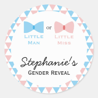 Blå, Rosa Triangles Gender Reveal Bow and Bow Tie Runt Klistermärke