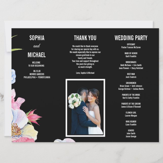 Blå Rosa Vattenfärgsblommor Bröllopsprogram Flyer (Framsida)