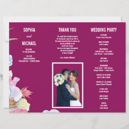 Blå Rosa Vattenfärgsblommor Bröllopsprogram Flyer