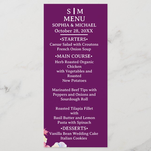 Blå Rosa Vattenfärgsblommor QR-kod Bröllop Meny (Framsida)