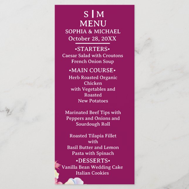 Blå Rosa Vattenfärgsblommor QR-kod Bröllop Meny (Framsida)