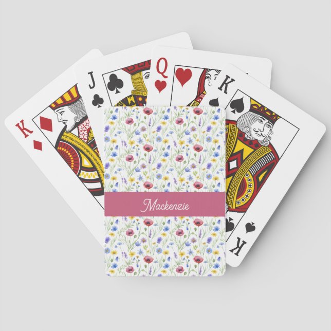 Blå Rosa Vildblomma Akvarell Monogram Namn  Casinokort (Baksidan)