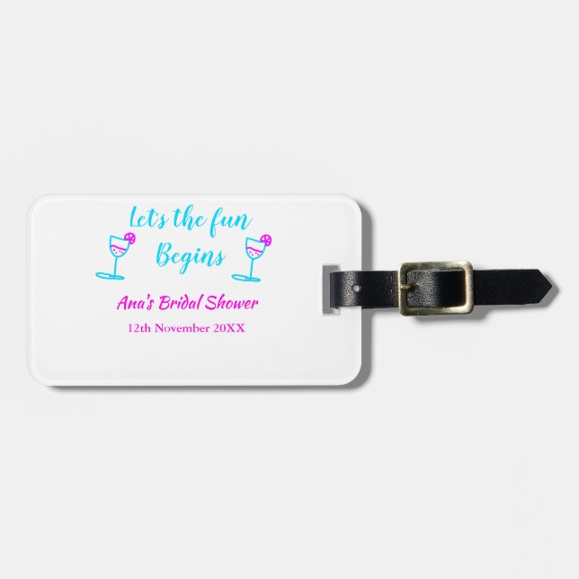 Blå rosa vin glas bröllopsfest nu börjar roliga bagagebricka (Horisontell Framsida)