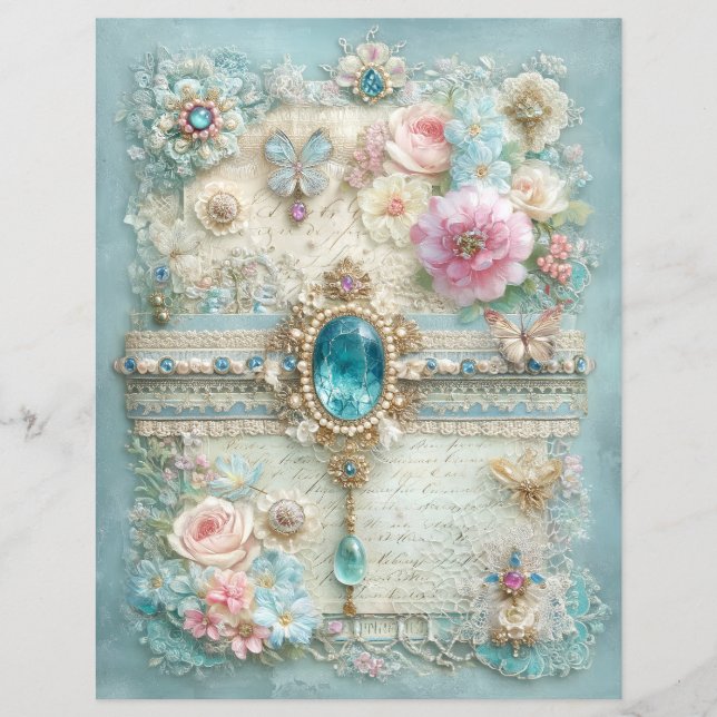 Blå Rosa Vintage Junk Journal Scrapbook Papper (Framsida)