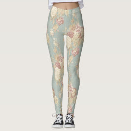 Blå Rosa Vit Blommig Blommor Shabby Chic Leggings