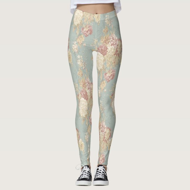 Blå Rosa Vit Blommig Blommor Shabby Chic Leggings (Framsida)