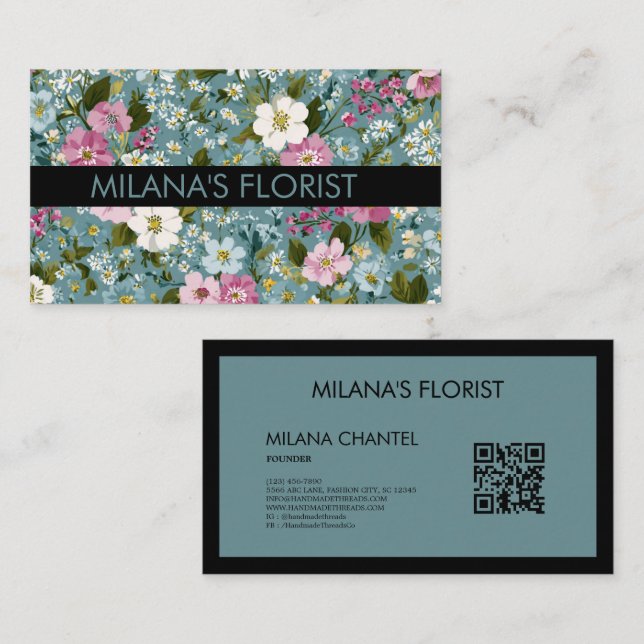 Blå Rosa Vit Modern Trendig Blomma Florist  Visitkort (Fram/baksida)