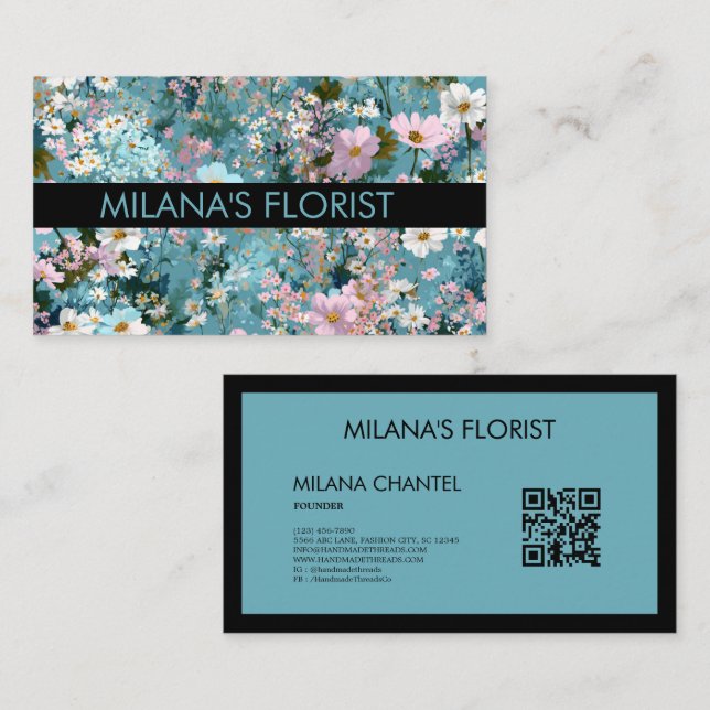Blå Rosa Vit Modern Trendig Blomma Florist  Visitkort (Fram/baksida)