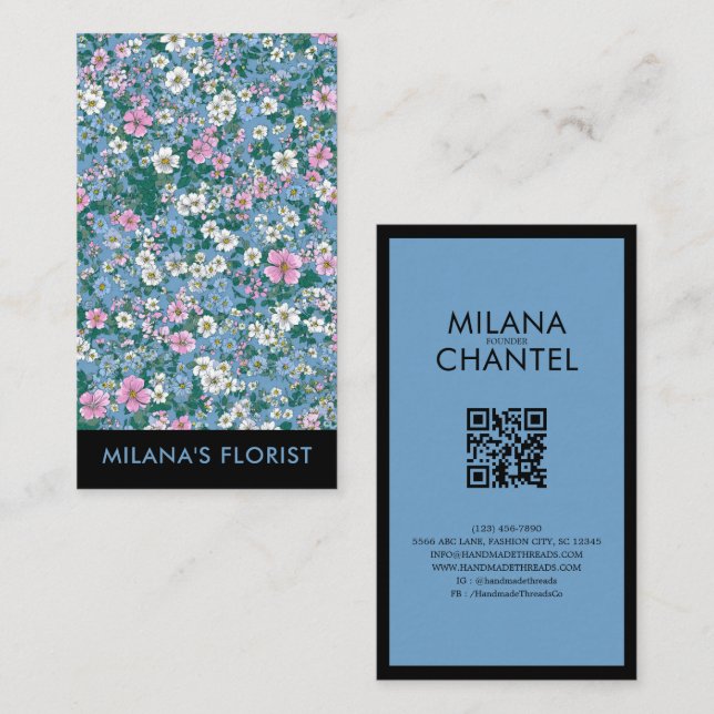Blå Rosa Vit Modern Trendig Blomma Florist Visitkort (Fram/baksida)