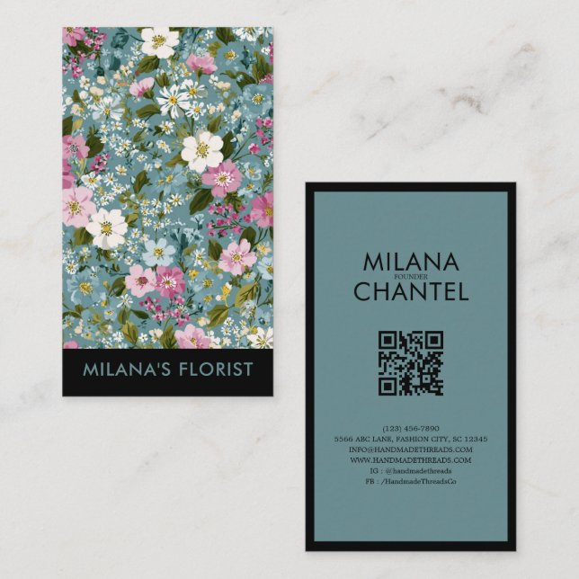 Blå Rosa Vit Modern Trendig Blomma Florist Visitkort (Fram/baksida)