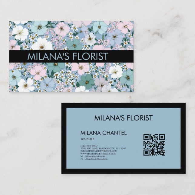 Blå Rosa Vit Modern Trendig Blomma Florist  Visitkort (Fram/baksida)