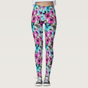 Blå Rosa, vit, svart vattenfärg Blommor Mönster Leggings