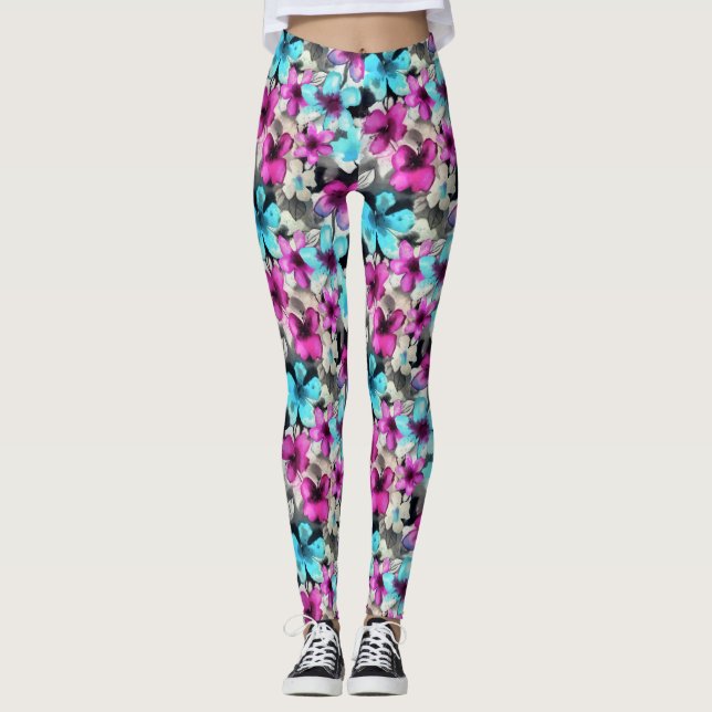 Blå Rosa, vit, svart vattenfärg Blommor Mönster Leggings (Framsida)