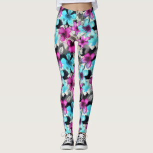Blå Rosa, vit, svart vattenfärg Blommor Mönster Leggings