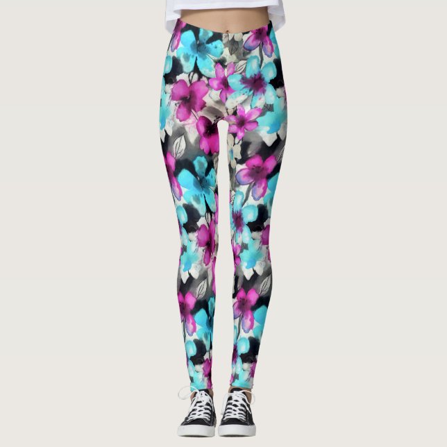 Blå Rosa, vit, svart vattenfärg Blommor Mönster Leggings (Framsida)