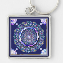 blå rosace fyrkantig silverfärgad nyckelring
