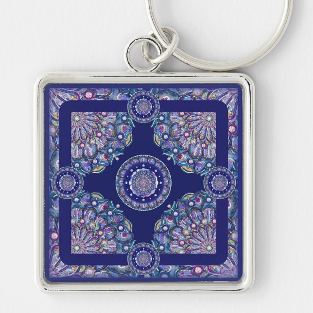 blå rosace fyrkantig silverfärgad nyckelring (Framsidan)