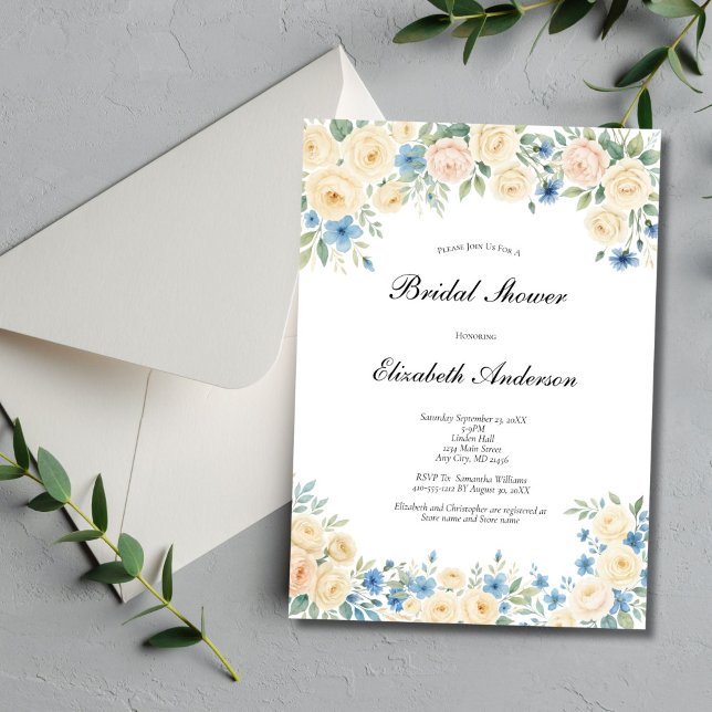 Blå Rosafärgad Krämfärgad Blommig Bröllopsfest Inbjudningar (Cream Blush Pink and blue watercolor florals Bridal Shower invitation. Printed or Digital Download)