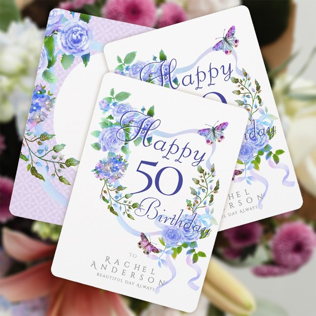 Blå Rosband 50-årsdag Julkort (Chic Romantic Blue Rose Ribbon Happy Birthday Card.)