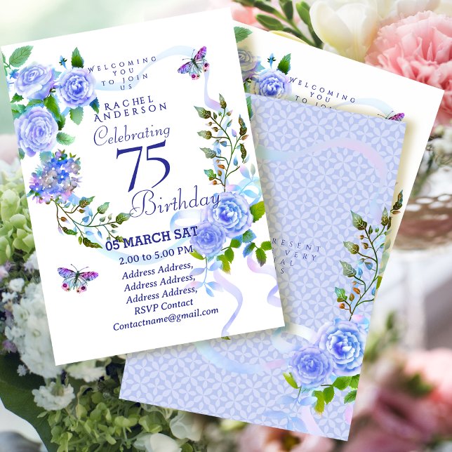 Blå Rosband 75-års inbjudan (Blue Rose Ribbon 75th Birthday Invitation)