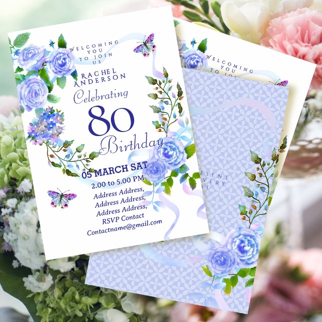 Blå Rosband 80-års födelsedagsinbjudan Inbjudningar (Blue Rose Ribbon 80th Birthday Invitation.)